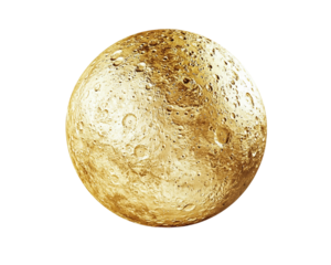 Gold colored planet with a lot of craters on it