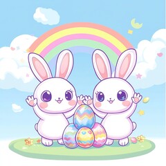 Obraz premium A vibrant kawaii Easter illustration featuring a cute bunny and colorful eggs perfect for festive and cheerful designs.