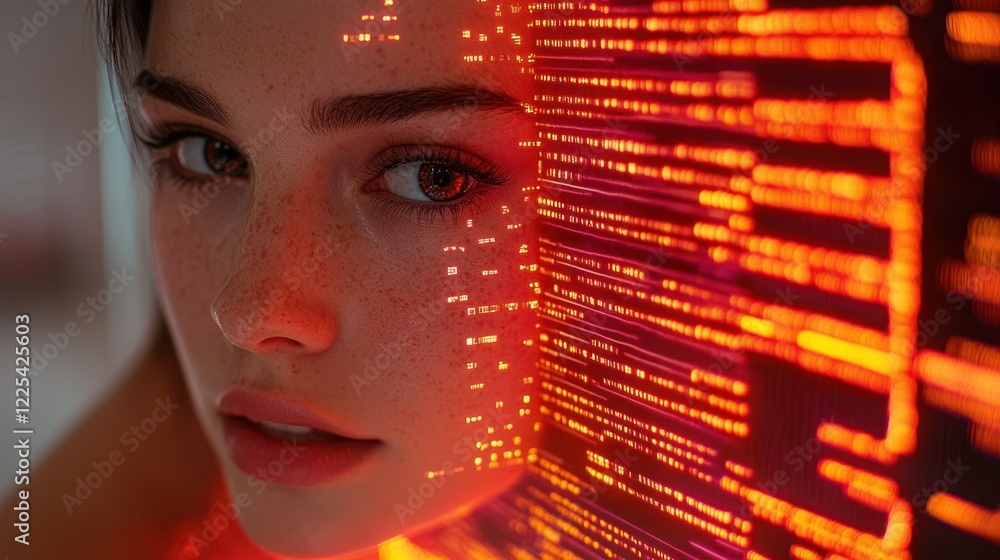 Poster digital portrait: woman's face illuminated by binary code