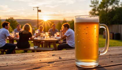 Chilled root beer in glass mug at sunset backyard party, relaxed atmosphere