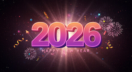 2026 Happy New Year Festive Background with Fireworks and Confetti