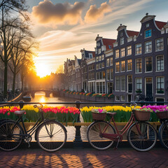 Enchanting Sunrise: Amsterdam Bridge with Flowers and Bicycles in Spring"