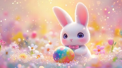 A vibrant kawaii Easter illustration featuring a cute bunny and colorful eggs perfect for festive and cheerful designs.

