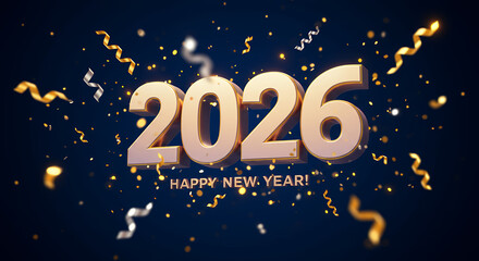 Naklejka premium Golden 2026 Happy New Year Celebration with Confetti