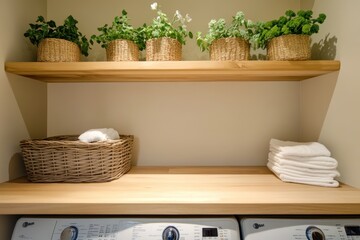 Laundry room with wooden shelves, potted plants, towels, and appliances, for home or real estate