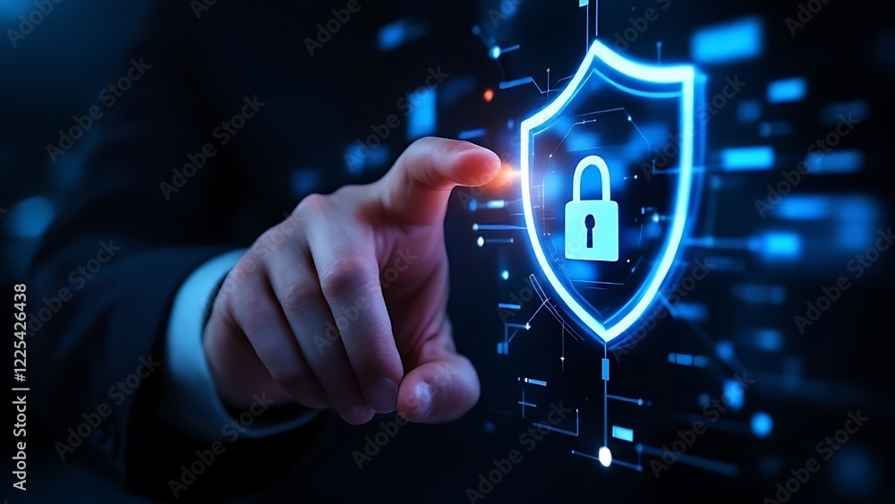 Poster cyber security and network data protection. businessman touch security padlock. smart solution from 