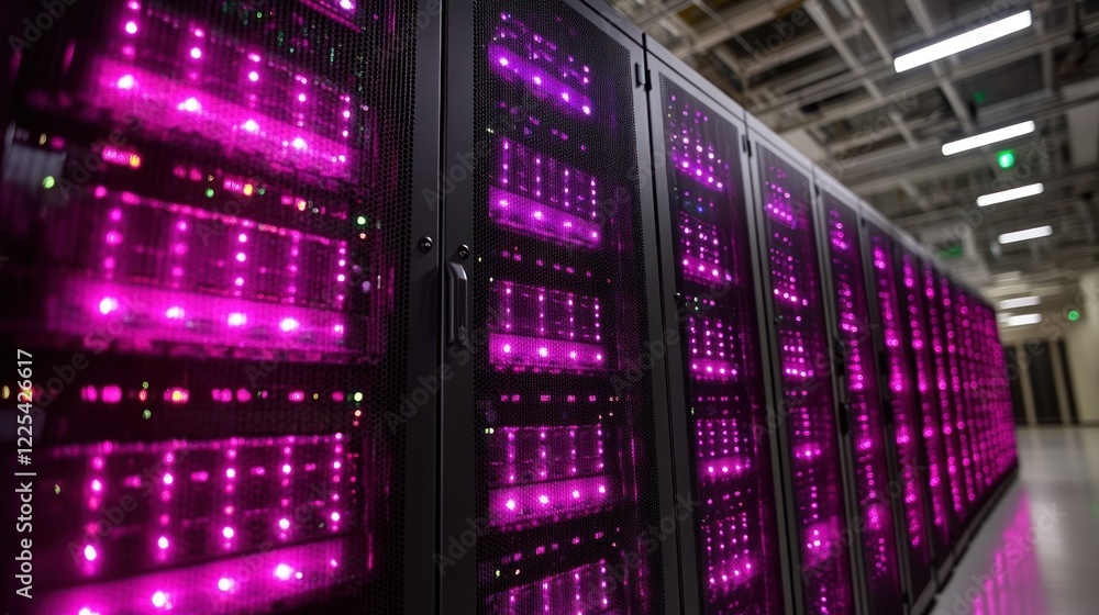 Poster illuminated server racks in modern data center
