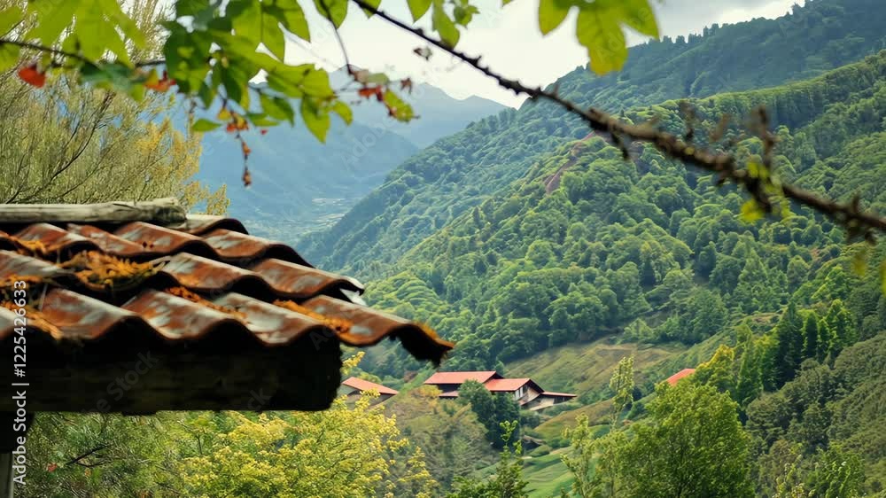 Poster scenic view of rustic rooftops and lush mountains in a tranquil setting during daytime