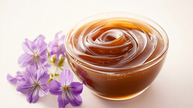 Caramel sauce artistically swirled in a glass dish, styled with edible flowers, isolated on a warm white background