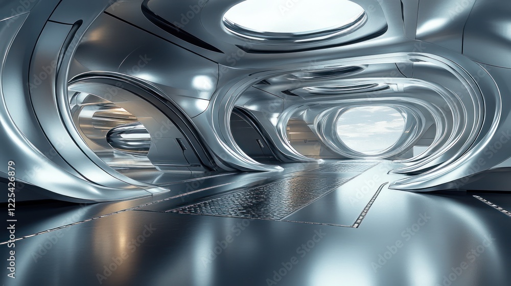 Poster futuristic metallic corridor design showing modern architecture