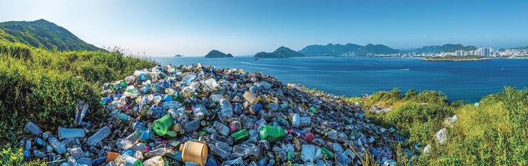 A heavily polluted coastline covered in plastic waste, highlighting environmental issues, awareness, and the need for ecological sustainability.