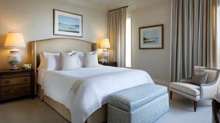 Serene Bedroom with Coastal Artwork and Neutral Decor