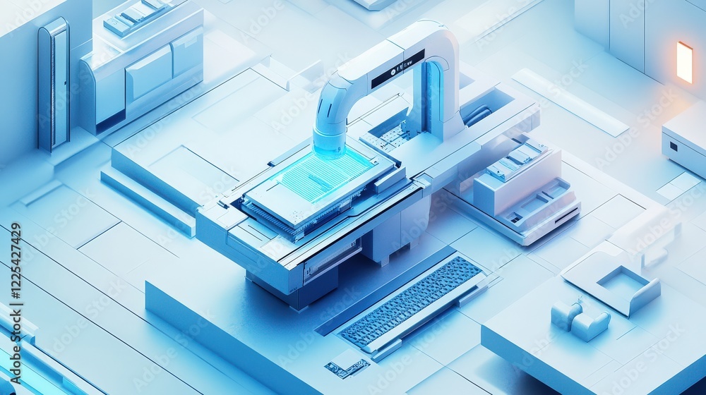 Poster futuristic workspace featuring a robotic arm operating on a digital platform in a sleek environment