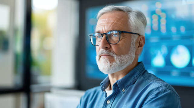 Visionary Leadership: Senior Executive Analyzing Digital Data for Strategic Decision-Making - Powered by Adobe