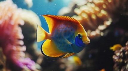 Obraz premium Vibrant tropical fish swim gracefully through coral reefs.