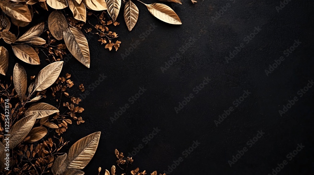 Poster golden leaves and branches creating elegant border on black background