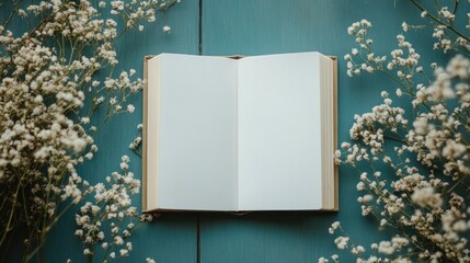 Open book surrounded by delicate white flowers on teal background