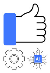 Hand showing thumbs up, gear mechanism, and AI chip interconnected. Ideal for AI tech, automation, team support, digital efficiency, machine learning, innovation abstract line flat metaphor