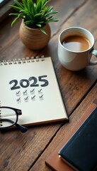 A warm and inviting workspace features a planner open to the year 2025, surrounded by a steaming cup of coffee and a small potted plant. This serene scene evokes a sense of organization and motivation