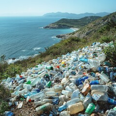 A heavily polluted coastline covered in plastic waste, highlighting environmental issues, awareness, and the need for ecological sustainability.