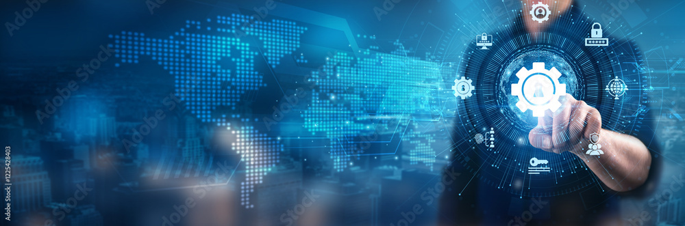 Poster businessman touching access management frameworks, user authentication processes, authorization cont