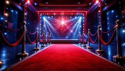 A luxurious red carpet stretches out across the sparkling entrance, leading towards a grand movie premiere backdrop adorned with dazzling lights and velvet ropes