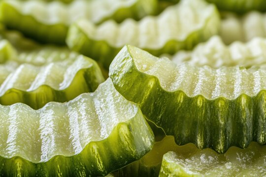 Close up view of sliced green pickle pieces showing texture and pattern in macro shot