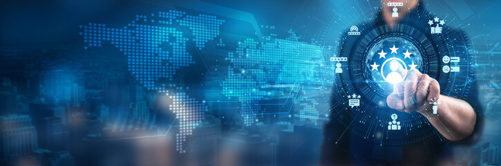 Businessman touching customer satisfaction interface, technology innovation, digital transformation, client engagement, service excellence, feedback optimization, experience enhancement.