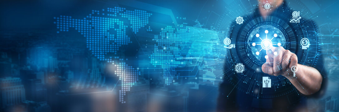 Businessman touching decentralized finance platforms, smart contract applications, peer-to-peer transactions, blockchain technology solutions, financial inclusion strategies, crypto asset management.