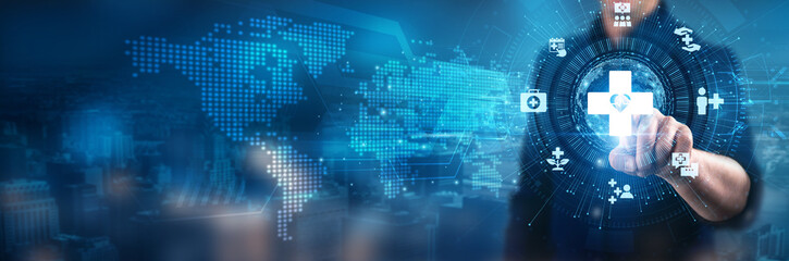 Businessman touching healthcare delivery systems, patient-centered care models, medical technology...