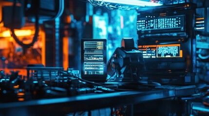 Futuristic Tech Workstation Showing Data Streams On Screen