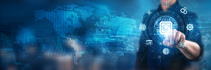 Businessman touching quantum computing interface technology, digital systems, data networks, advanced algorithms, artificial intelligence, innovative solutions, future technologies.