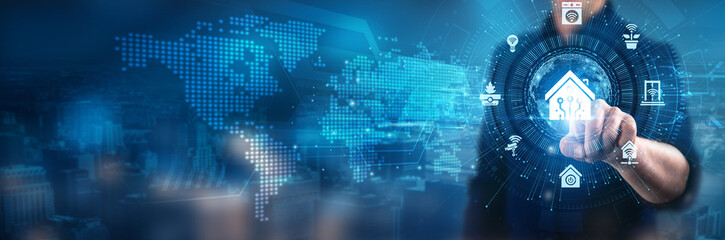 Businessman touching smart home technology interface, smart devices, automation systems, home security solutions, connected devices, modern smart living, energy solutions, voice assistant integration.