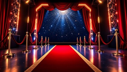 A luxurious red carpet stretches out across the sparkling entrance, leading towards a grand movie premiere backdrop adorned with dazzling lights and velvet ropes