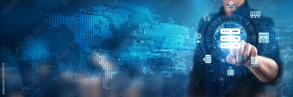 Poster businessman touching web hosting services, cloud hosting solutions, dedicated server options, domain