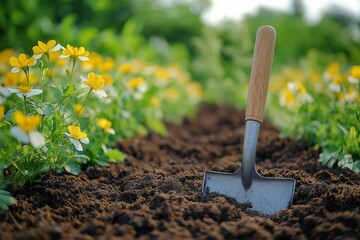 A garden spade rests in rich soil, surrounded by vibrant flowers. It's a perfect time to prepare for the gardening season and nurture your green space.
