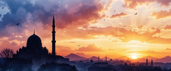 Obraz premium Watercolor painting, serene mosque silhouette at sunset, vibrant cityscape glowing with Eid lanterns, warm and festive atmosphere