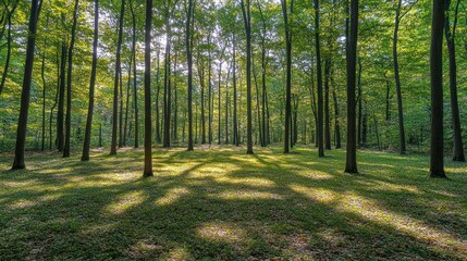 Obraz premium Sunlit Forest Floor Among Tall Trees