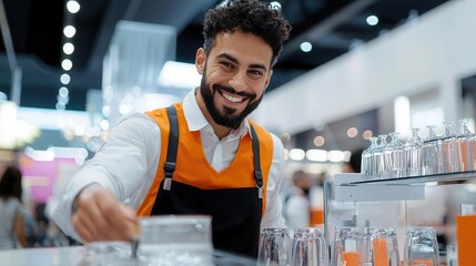 Entrepreneur setting up a product display at a trade show booth, showcasing innovation and professionalism