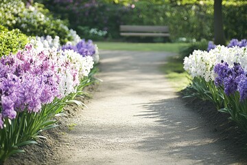 Obraz premium Hyacinth Garden Pathway A garden path flanked by hyacinths in shades of lavender and white, with a wooden bench in the distance