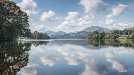 Fototapeta premium Serene Lake Reflecting Mountains And Cloudscape