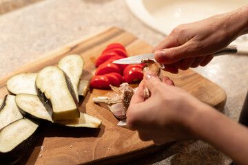 kitchen, cooking vegetables, ratatouille, vegetables, knife, board