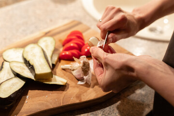 kitchen, cooking vegetables, ratatouille, vegetables, knife, board