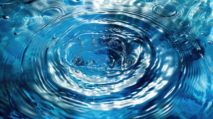 Blue water surface with ripples and transparent texture, circular wave pattern creating a space for product display.