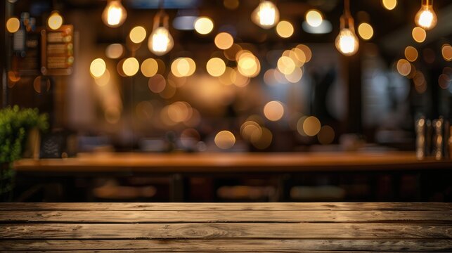 Blurred bokeh restaurant background with a wooden table and menu board