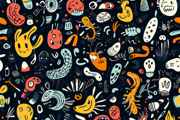 Fototapeta premium Colorful abstract illustration of whimsical creatures and shapes on a dark background, ideal for playful designs