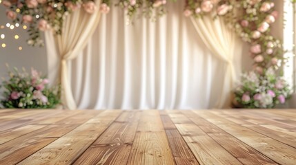 Blurry wedding background with vacant wooden table.