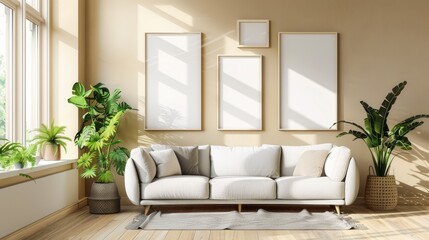 Bright living space with couch, window, indoor plants, and empty frames on tan wall