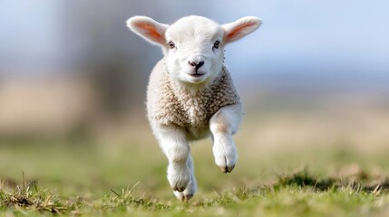 Obraz premium Lamb running in spring pasture, green grass background; Easter, springtime, farm