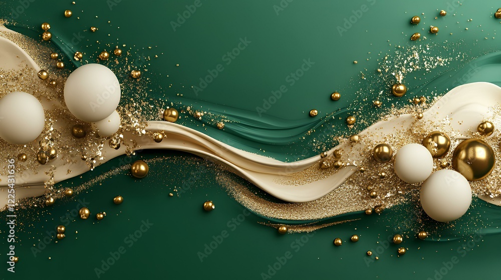 Poster deep emerald green background with gold abstract splatters, symbolizing richness and class